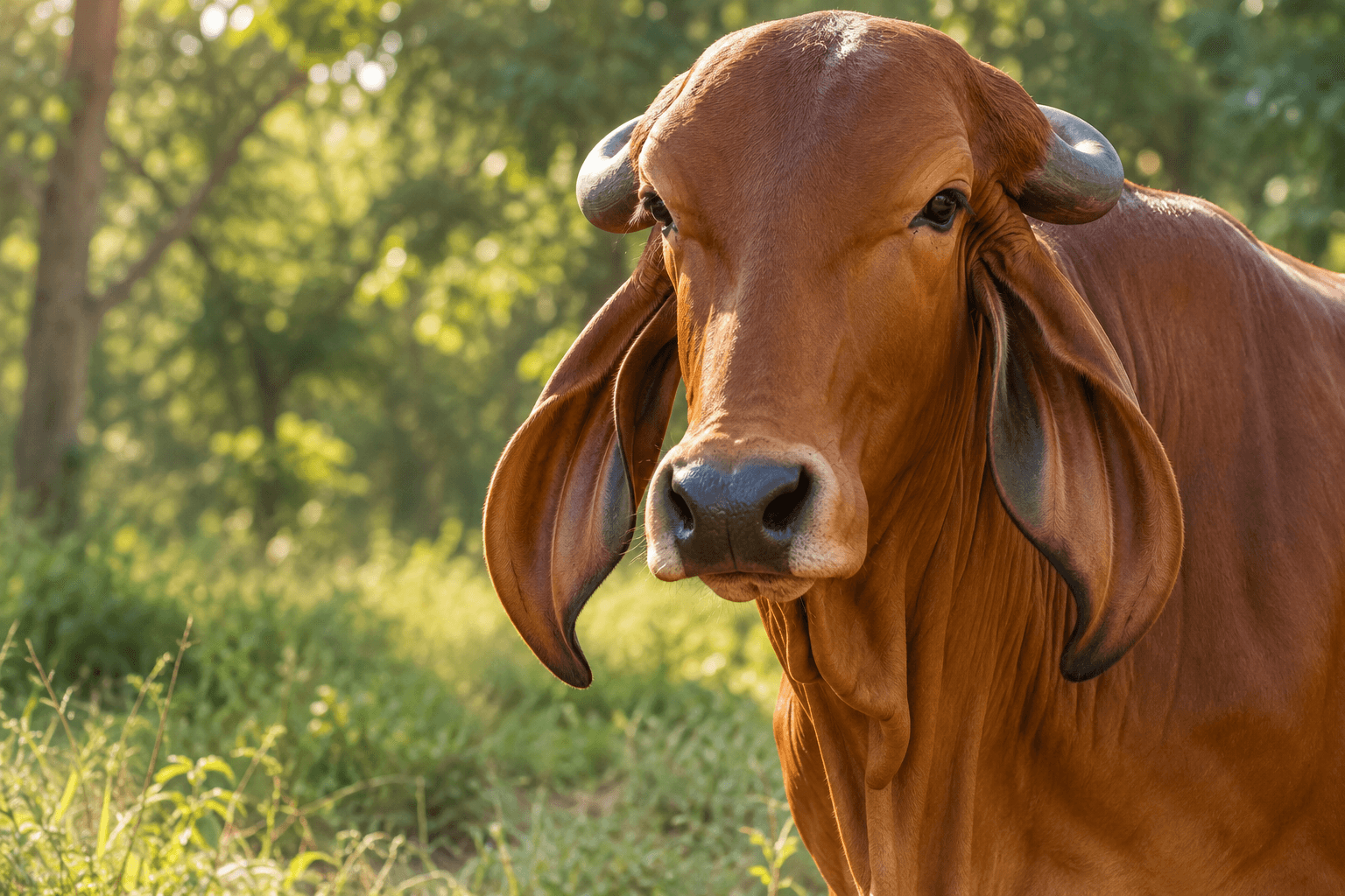 Illustrative portrait of a solid brown Gir cow in a green sanctuary